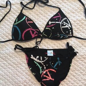 Black Peace Sign Body Glove String Bikini Sz Sm